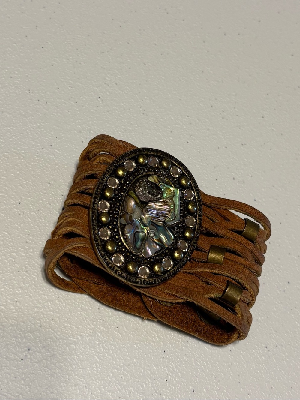 Leatherock Brown Multi-Strand Leather Bracelet with Iridescent Abalone Accent